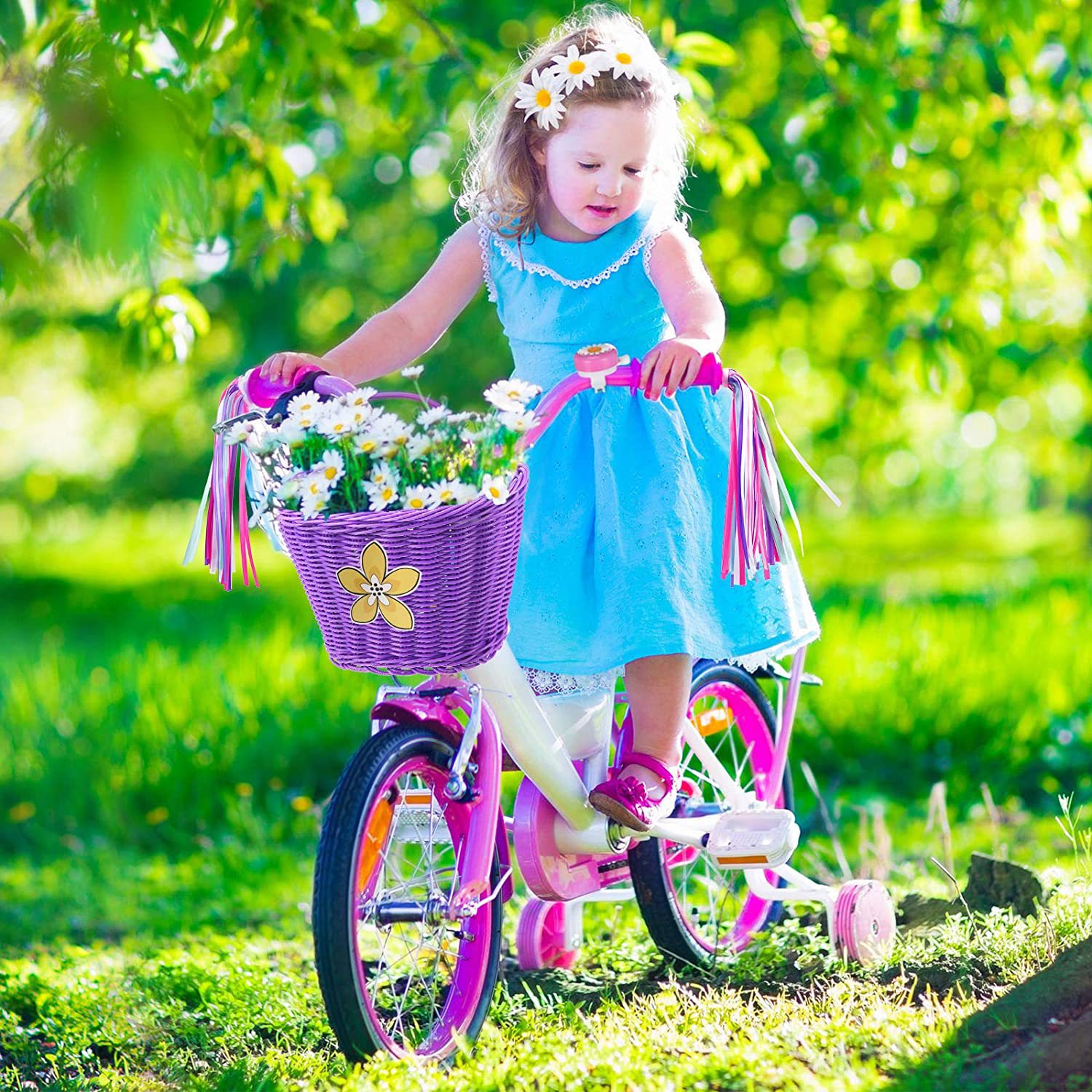 Canasta de bicicleta de ratán para niños púrpura adecuada para canasta de ratán de 14 pulgadas y 16 pulgadas scooter de equilibrio al aire libre