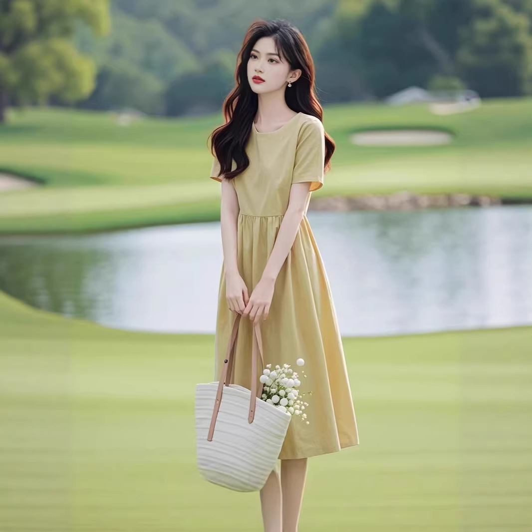 Váy chữ A ngắn tay thắt eo công sở dáng suông — Xanh lá cây nhạtcolor chi tiết 3