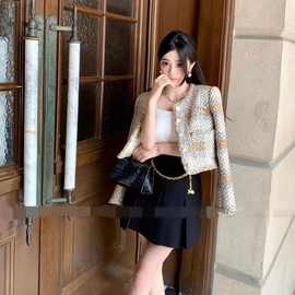 法式秋冬新款财阀名粗花呢小香风重工编制短款圆领外套女