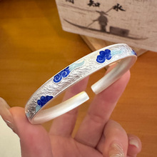 祥云女新中式时尚实心开口手环古法青云实心开口纯银手镯手工打造