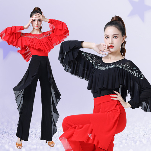 Jitterbug clothing women's new diamond-encrusted ruffle dance costumes ballroom dance square dance practice clothes Latin dance tops