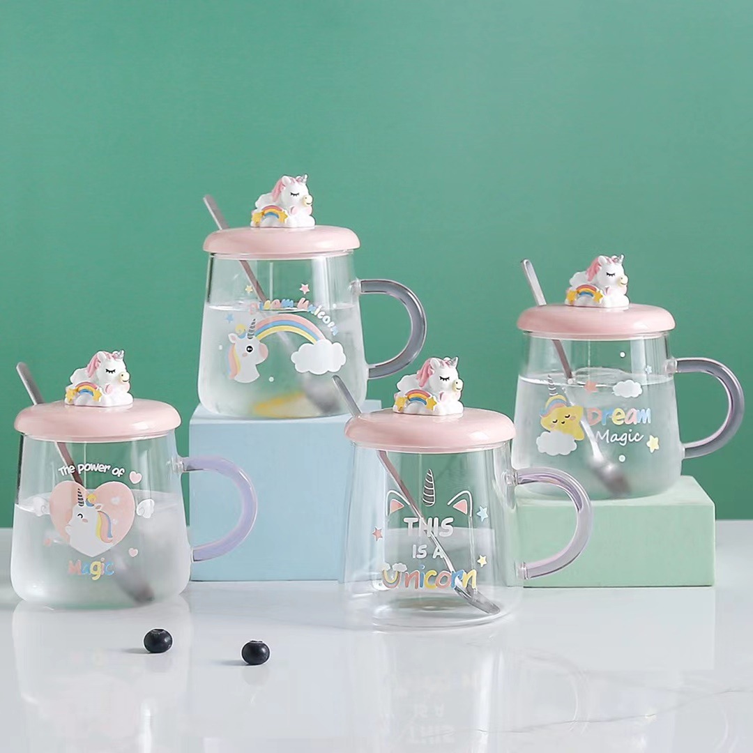 Personalidad creativa de dibujos animados unicornio regalo taza de vidrio transparente con tapa cuchara taza de café estilo coreano taza para beber