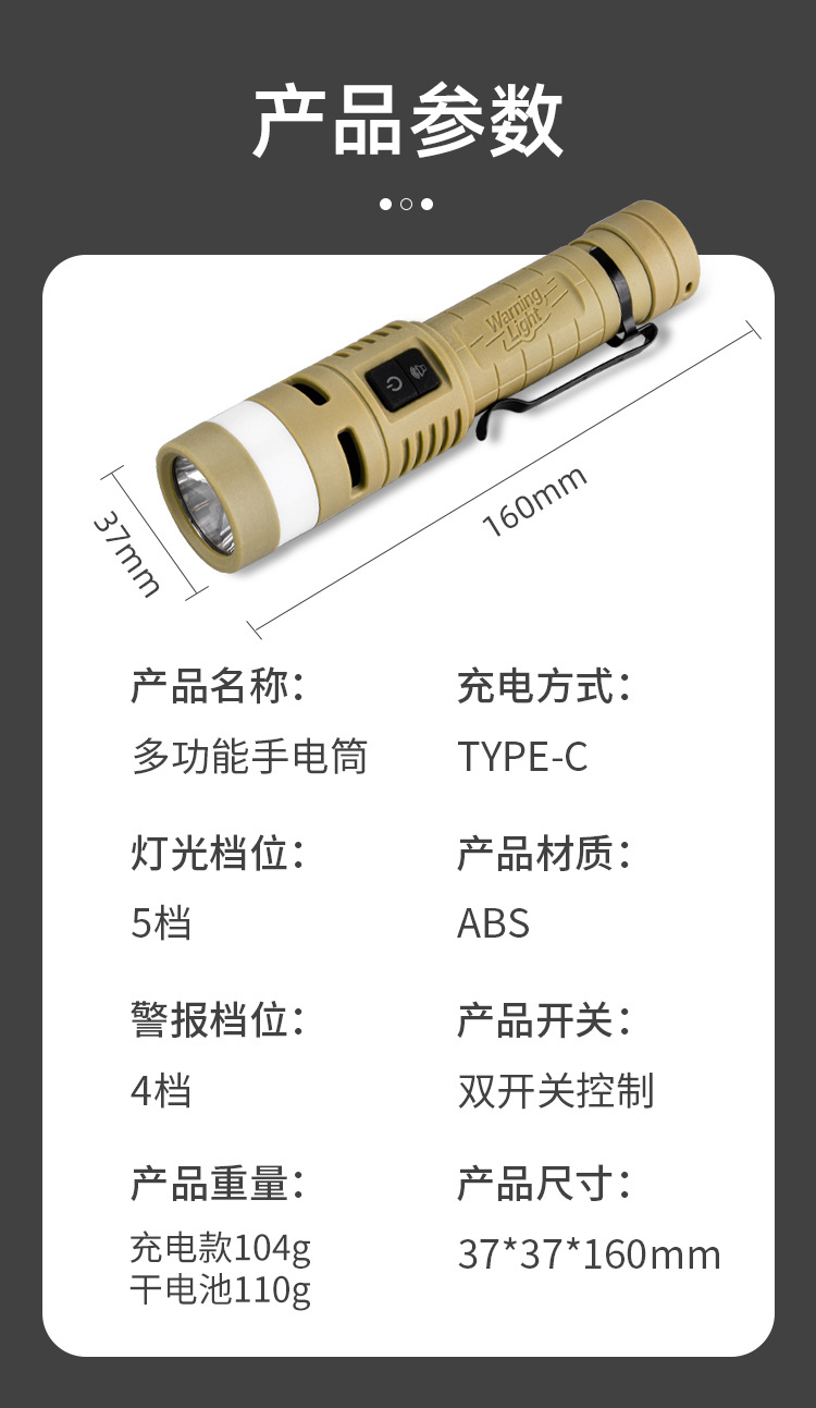 New Cross-Border Multifunctional LED High-Brightness Flashlight, Aluminum Alloy, with Buzzer Alarm, Red and Blue Flashing, Magnetic Work Light