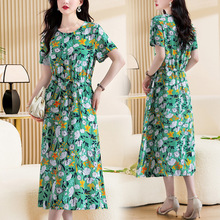 中老年妈妈棉绸连衣裙女50岁60奶奶夏装人造棉短袖大码印花长裙子