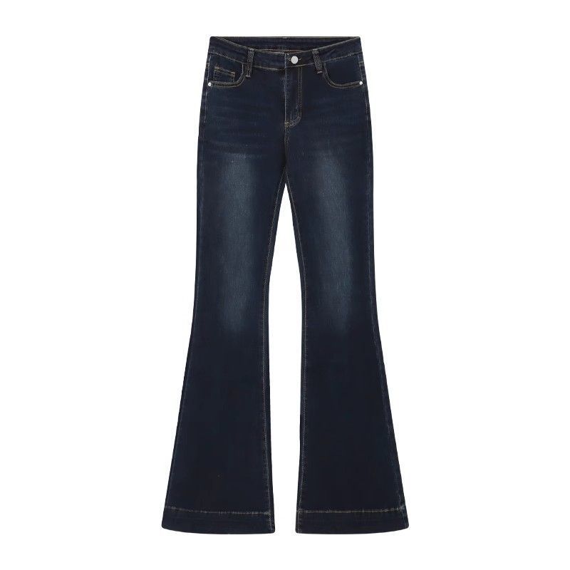 Women's Dark Blue Extra Long Flared Jeans Low Waisted Slim Fit_voghion.com