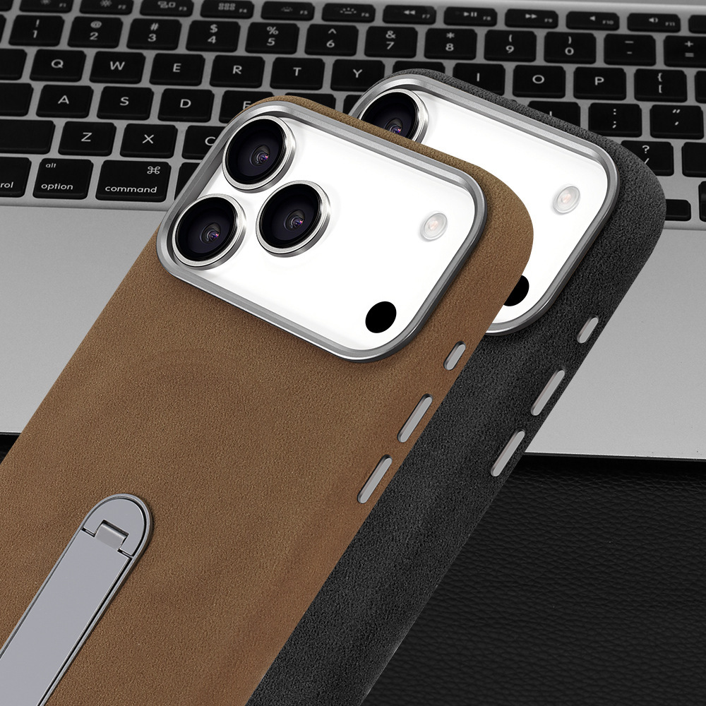 Ốp lưng iPhone 16/17 Pro da lộn từ tính có chân đứng ẩn — màu đen, nâu, màu xám, Kaki chi tiết 12