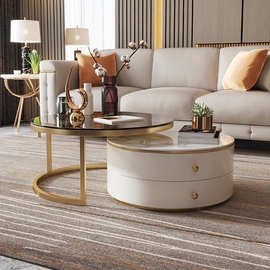 现货轻奢现代岩板茶几电视柜 北欧小户型大小圆高低双层抽屉茶几