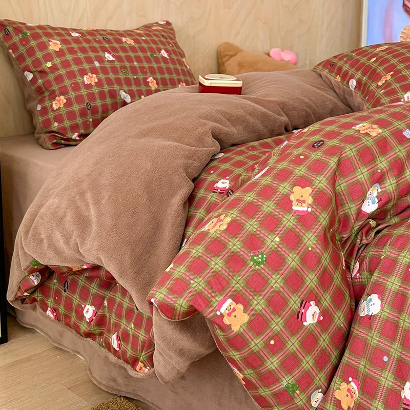 Мультяшный рождественский медведь из хлопчатобумажной кровати набор из четырех частей зимнего молочного бархата