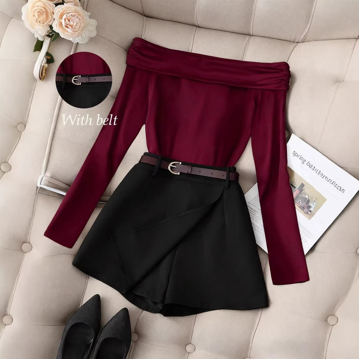 Women's Off-Shoulder Long Sleeve T-Shirt Shorts Skirt Set_ecoleips.com