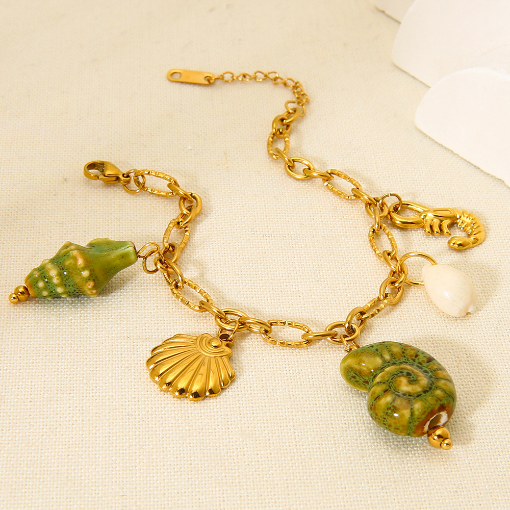 1 Piece Quantity Beach Sweet Starfish Conch Shell 304 Stainless Steel Ceramics Figaro Chain Multi Charms Bracelet In Bulk