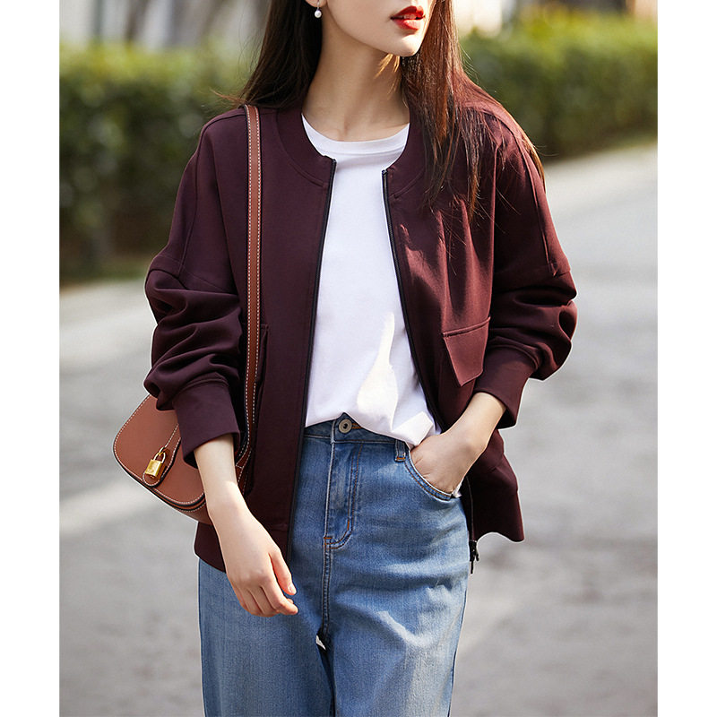 Áo khoác nữ cổ tròn tay dài màu trơn kiểu bóng chày ngắn, dáng vừa vặn, phong cách năng động — Màu đen, Màu đỏ rượu