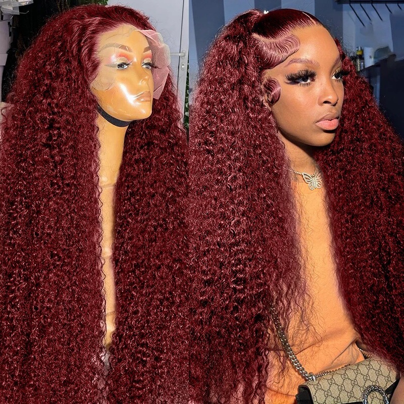 African Women's Small Roll Front Lace Wig Set Black Hot wine red Long Curls Water Wave Lace Wig Set