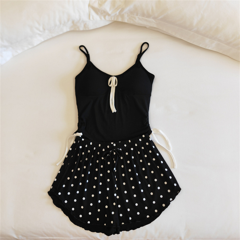 Summer Black Suspender Suit Sexy Pajamas for Women Summer Thin Style with Breast Pads Sweet Polka Dot Home Clothes Can Be Worn Outside