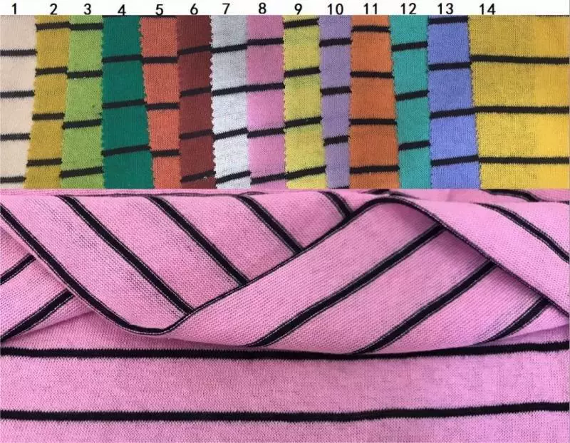 Colored woven strips between strips 125g polyester-cotton cvc dry stretch single jersey light knitted striped fabric