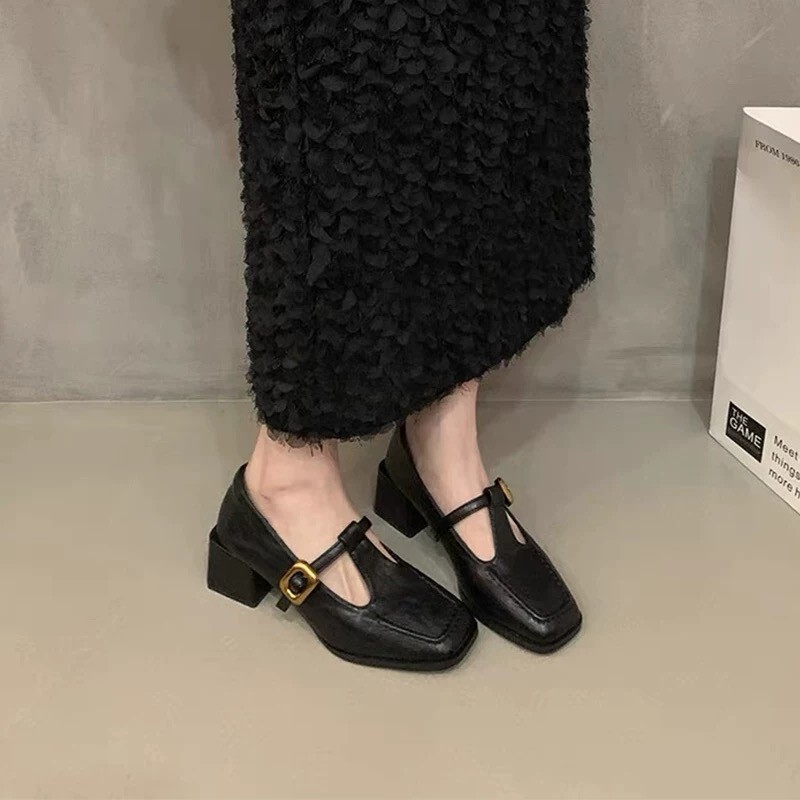 French Retro Elegant Elegant Flats for Women 2025 Winter New Style Shallow Thick Heel Commuter Shoes Square Toe Elegant Flats