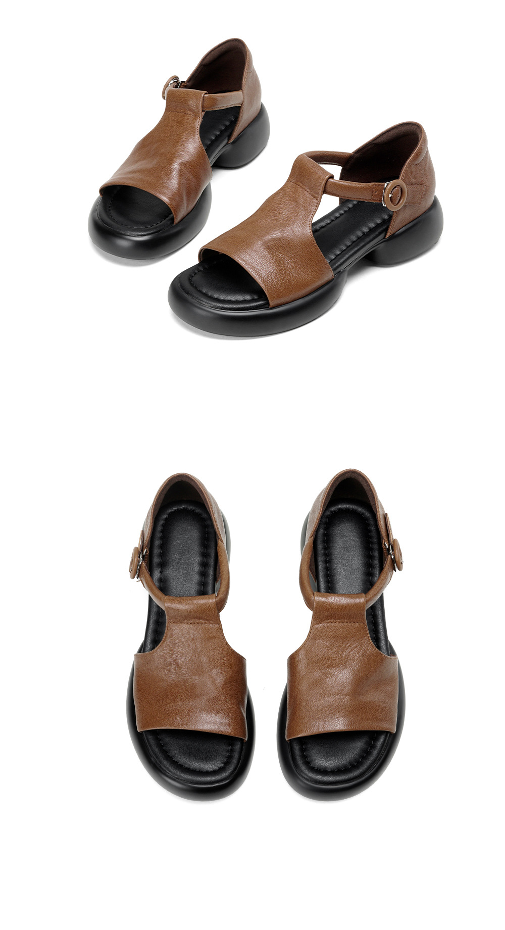 Sandal nữ da cừu mềm đế dày hở mũi, quai chữ T, gót thấp 3 cm, dán ma thuật — Vàng nâu chi tiết 16