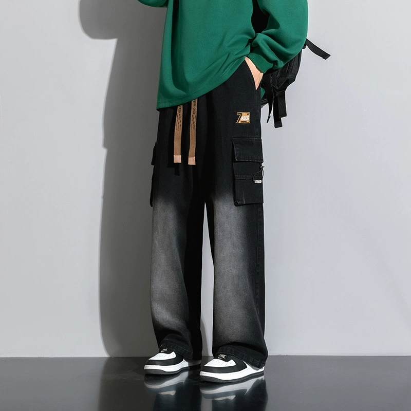 Американские ретро джинсы свободная прямая волна высокой улицы широкие брюки