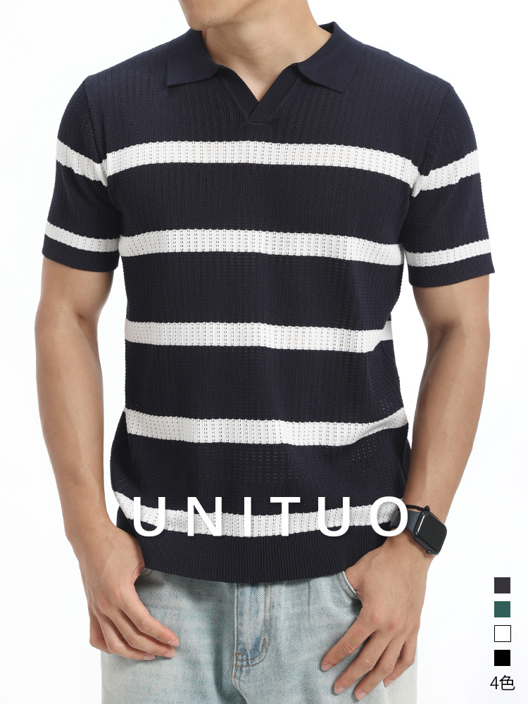 Verano hombre hueco rayas de cuello V jersey polo seda transpirable mangas cortas de negocios casuales superior