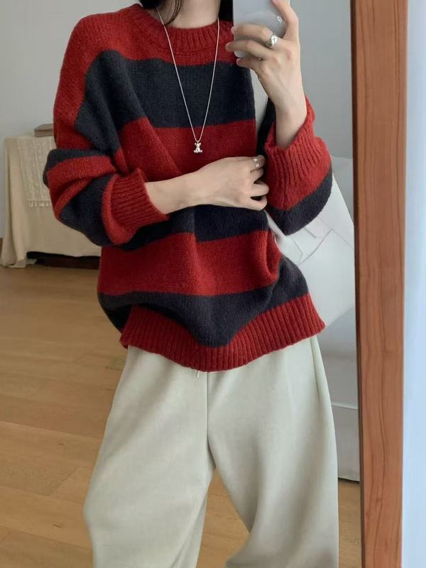 蓝色条纹毛衣女秋冬加厚内搭套头高级感软糯浣熊绒针织打底衫上衣|undefined