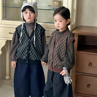 佳叶童品2026儿童秋季新款菱形格马甲男女宝宝森系复古背心外套