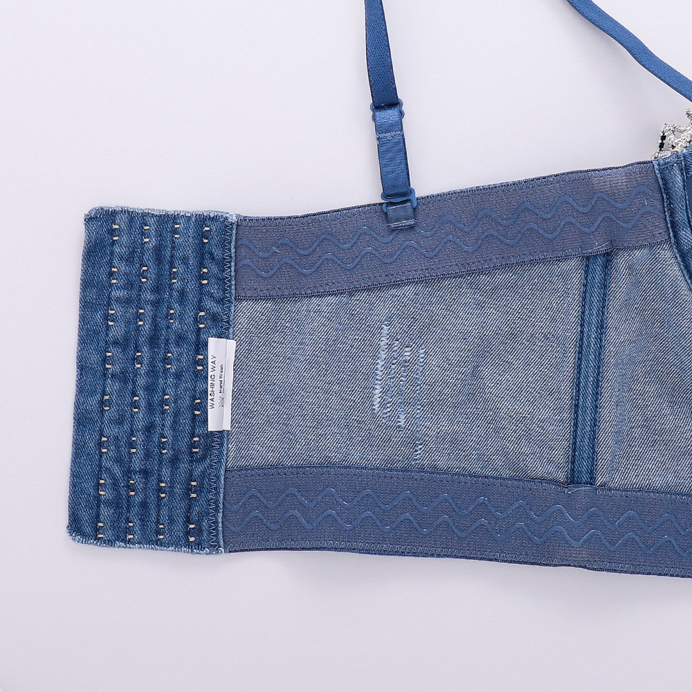 Design bandeau din denim tip fishbone, cu franjuri, bretele cu diamant strălucitor, îmbrăcăminte exterioară, top bungee căptușit pentru femei_voghion.com