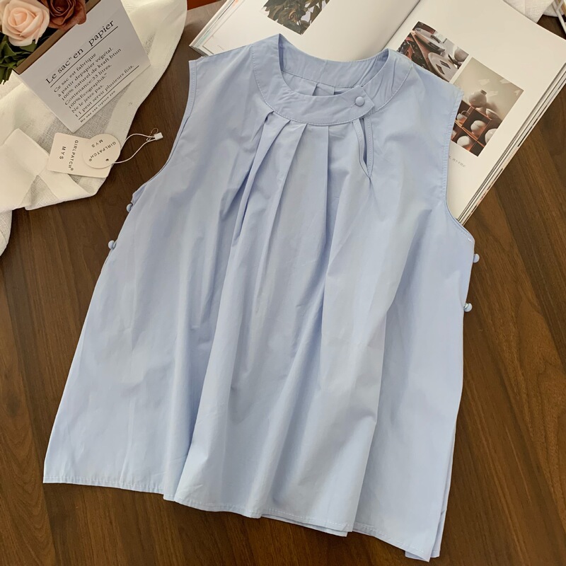 Korean Style Round Neck Stitching Pleated Washed Cotton Sleeveless Ware Chiffon Shirt Women's 2024 Summer New Belly Covering Top