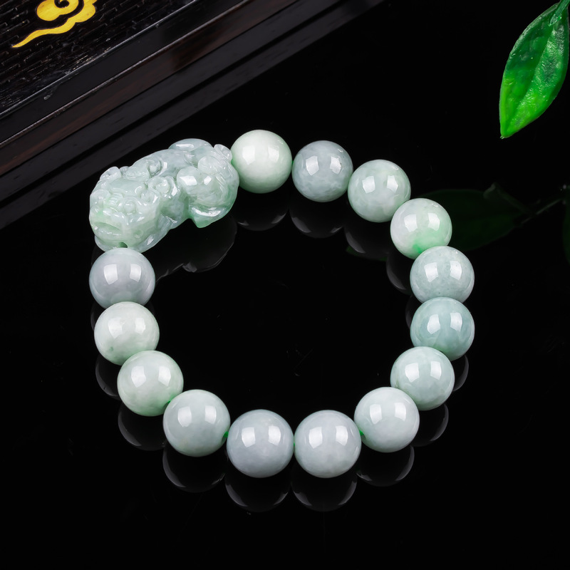 Authentic Burmese A-Grade Jadeite Pixiu Bracelet, Ice-Type Jade Beads, Women's Four-Piece Jadeware Wholesale Factory, Burma