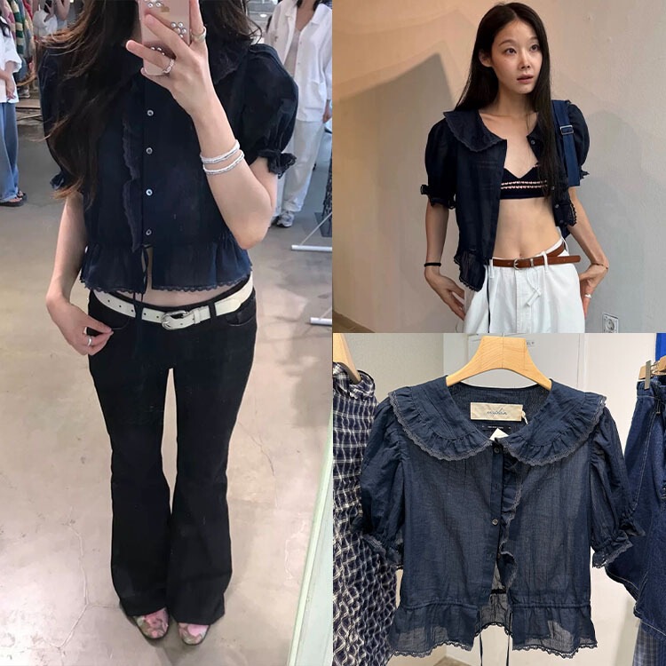 Korean-Style Lace Doll Collar Drawstring Short-Sleeve Shirt, New Summer Sweet Slim-Fit Top from Dongdaemun Korean-Style Lace Doll Collar Drawstring Short-Sleeve Shirt, New Summer Sweet Slim-Fit Top from Dongdaemun