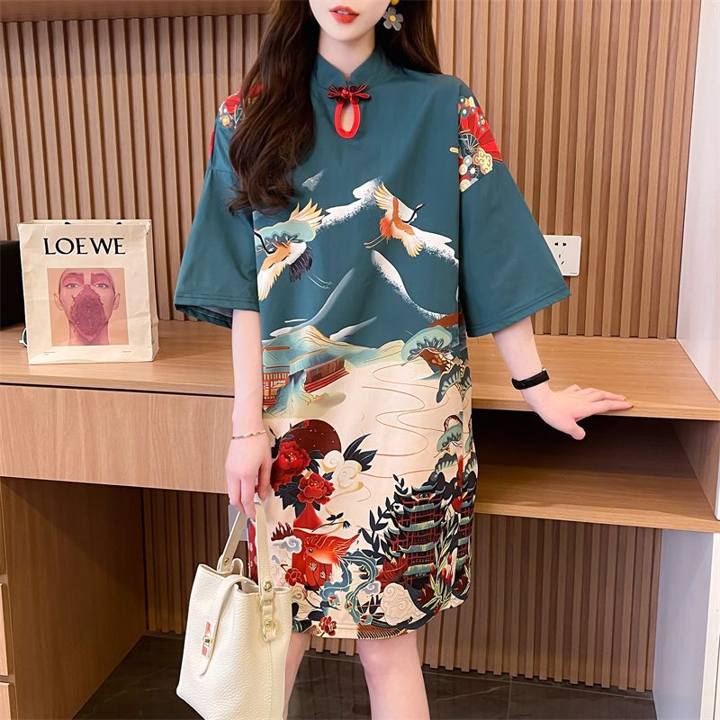 New Chinese Style Cheongsam T-Shirt Dress for Women, Spring and Summer Design, Floral Petite Dress, Improved Hanfu New Chinese Style Cheongsam T-Shirt Dress for Women, Spring and Summer Design, Floral Petite Dress, Improved Hanfu