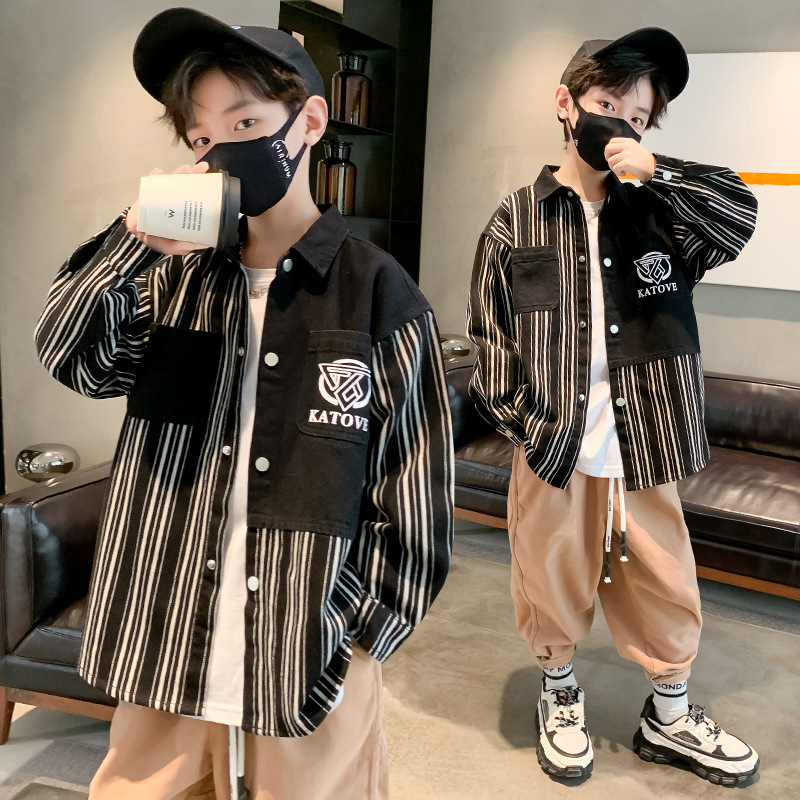 Boys' shirt, spring and autumn style, 2025 new style, children's shirt jacket, striped, fashionable and handsome, big kids' spring top.
