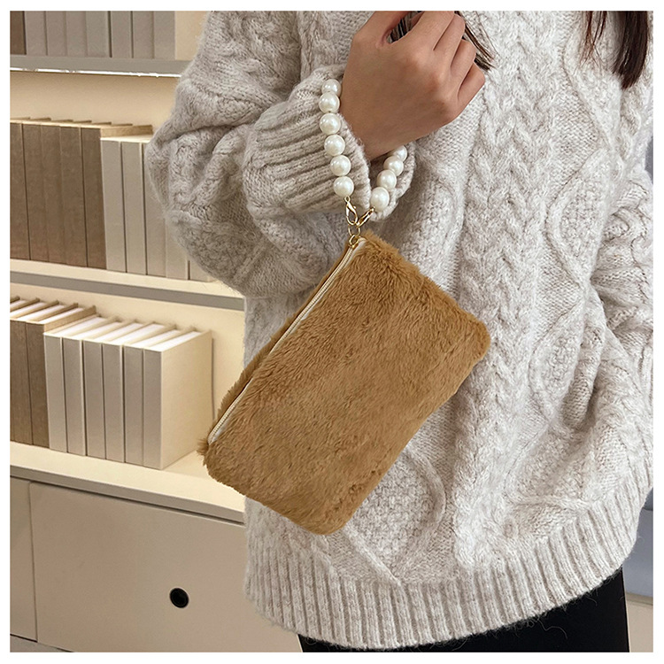 135g Weight Synthetic Leather Lining Material Pearls, Sewing Thread Fashion Element Zipper Closure Type Top Handle Strap Type Handbag Bags Type Casual, Shopping Occasion Plush Material Solid Color Pattern Winter Season Women's Gender Elegant Style Square Shape Women's Plush Solid Color Elegant Pearls Sewing Thread Square Zipper Handbag 1