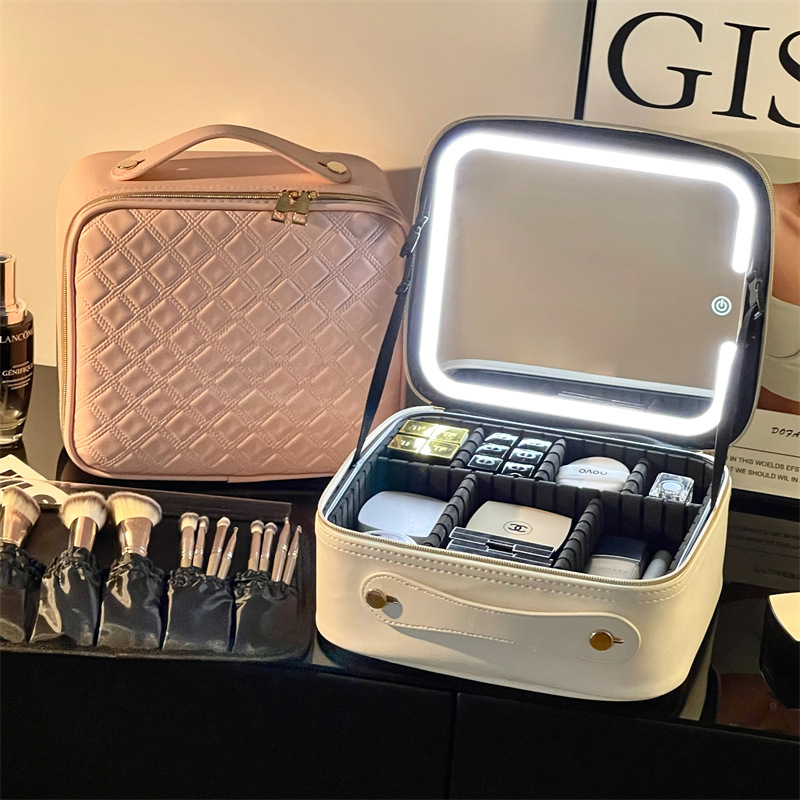 Transfronterizos led lámpara espejo caja de maquillaje bolsa de almacenamiento de productos de cuidado de la piel portátil tacones de maquillaje bolsa de almacenamiento de maquillaje de gran capacidad