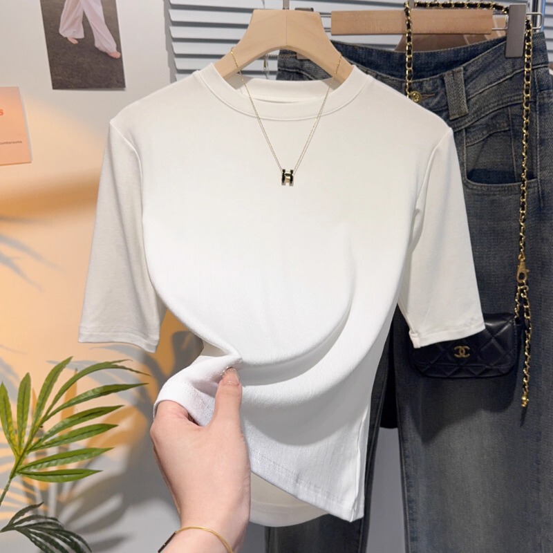 Women's Short-Sleeve T-Shirt with White Small Stand Collar, Mid-Sleeve Top, Base Shirt for Spring and Autumn, 2026 New Model with a High-End Feel