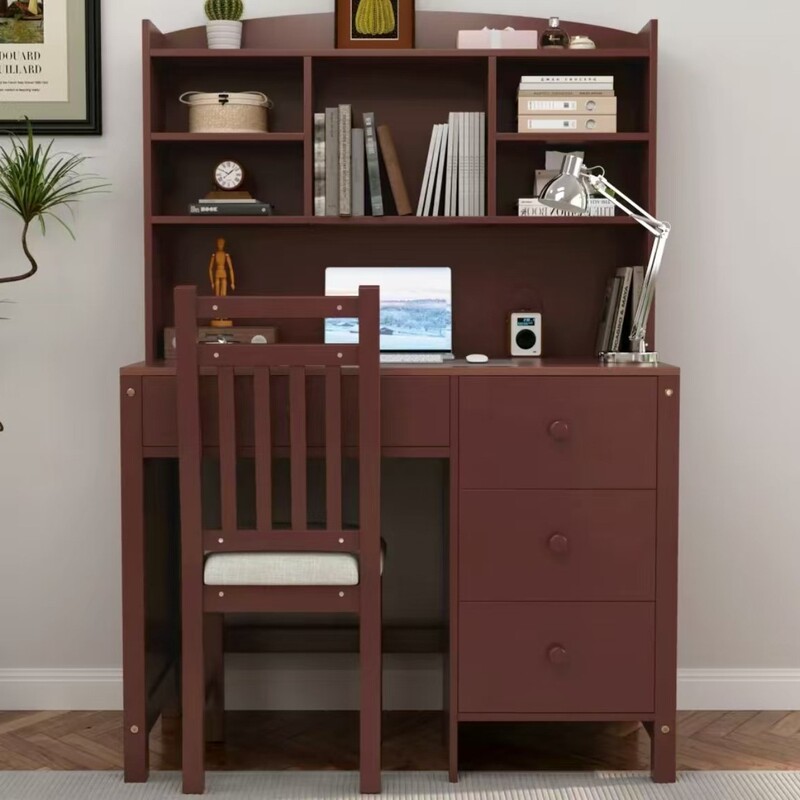 Cross-Border E-Commerce Vintage 40inch Home Office Desk and Padded Chair Set with Bookshelf