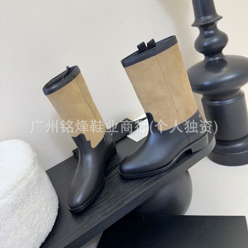 2025秋冬新款小香风真皮圆头粗跟中筒靴女时尚百搭外穿中跟时装靴|undefined