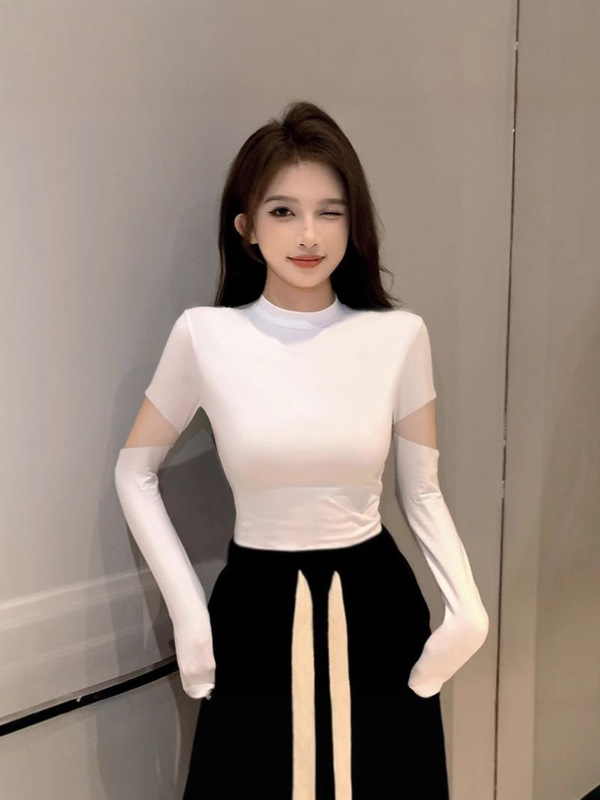 螺纹黑色半高领打底衫女春秋内搭设计感长袖t恤针织紧身短款上衣|undefined