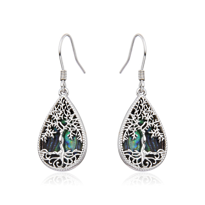 925 plata esterlina árbol de la vida pendientes de orejas para mujeres, lujo ligero estilo europeo y americano de alta calidad pendientes en forma de gota de cáscara de abollo