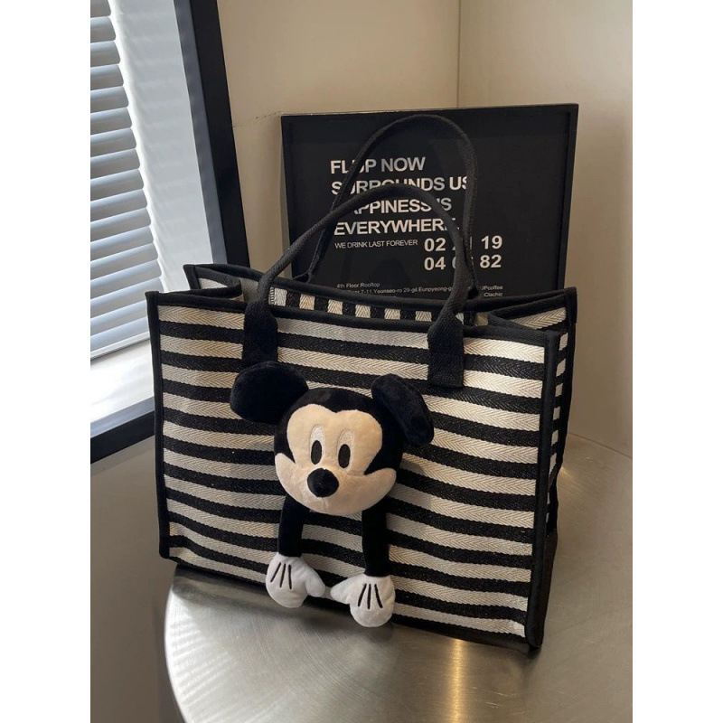 Large Capacity Striped Tote Women Shoulder 2024 New Fashion Cute Cartoon Mickey Commuter Canvas Bag for Going Out