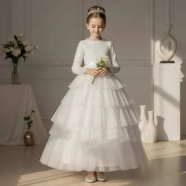 儿童礼服秋冬高端白色蛋糕裙女童生日公主裙小女孩钢琴舞台演出服