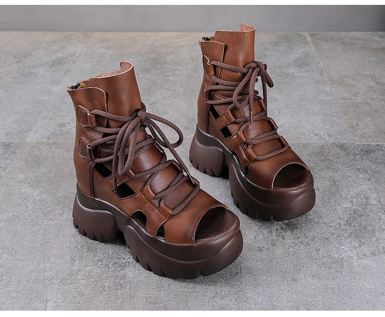 Boot nữ da bò cổ ngắn hở mũi đế cao kiểu La Mã — Màu đen chi tiết 16