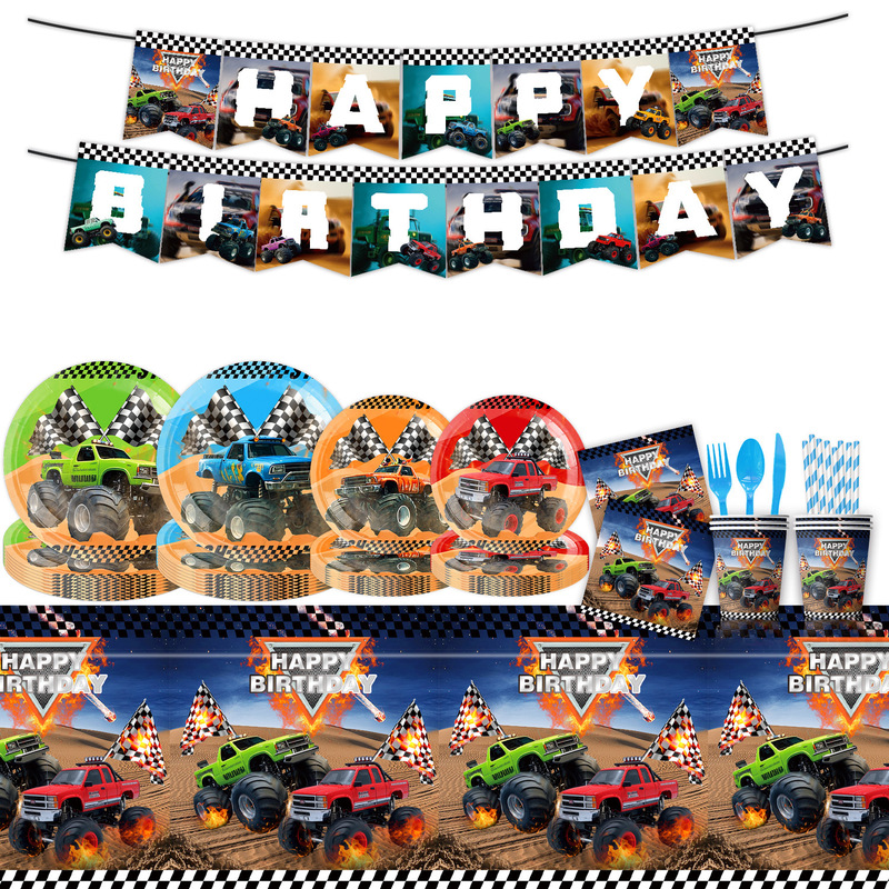 Amazon's New Monster Truck Cartoon Birthday Party Tableware Disposable Tablecloth Paper Plate Paper Cup Arrangement Decoration