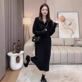 跨境薄款大码女装2024秋冬新款过膝长款长袖卫衣女外套胖mm300斤