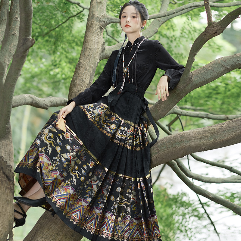 New Chinese Style Women's Jacquard Button-Up Stand Collar Fleece-Lined Top One-Piece Oversized Hem Brocade Embroidered Mamian Skirt Suit