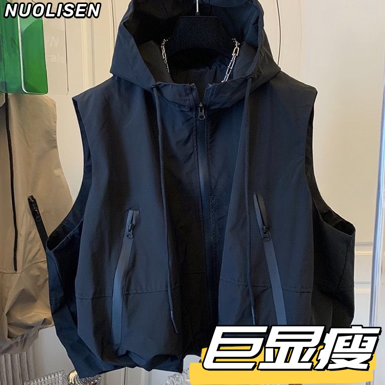 欧货马甲女春夏新款叠穿小坎肩百搭连帽冲锋衣工装马夹背心潮|undefined