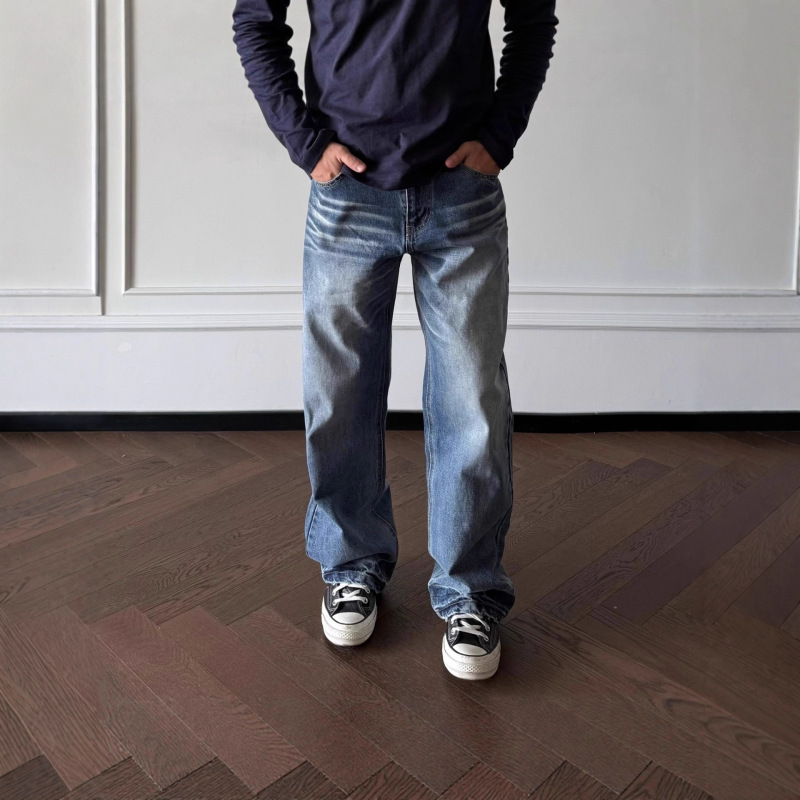 Spring and Autumn Jeans, American-Style Wild Western Nevada Cowboy 3D Washed Whiskered Honeycomb Straight-Leg Jeans