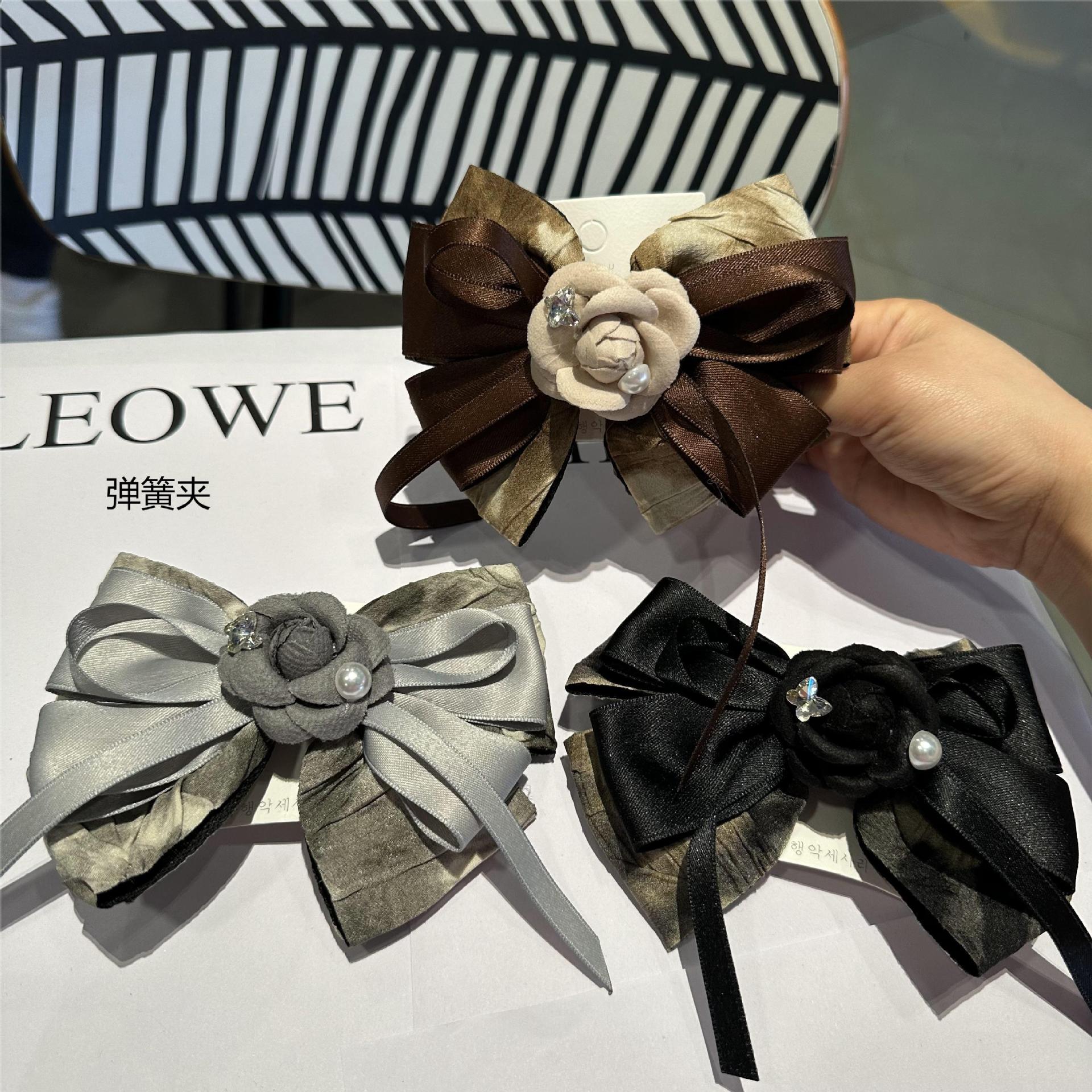 甜美少女感山茶花蝴蝶結髮夾水鑽珍珠頭飾學院風絲帶髮飾直播批發