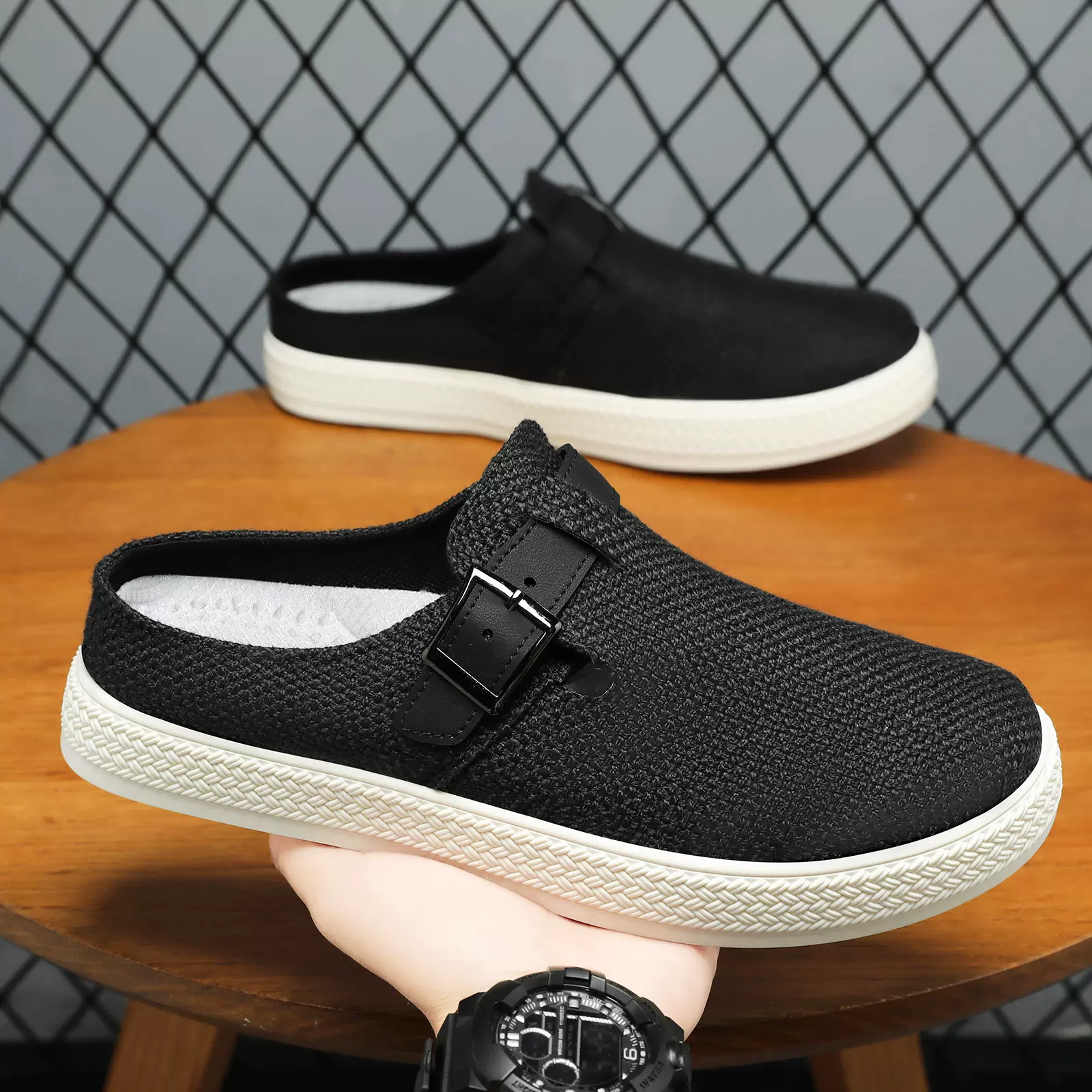 外穿包头拖鞋男单网夏季大码镂空透气网面鞋男士实心底运动休闲鞋