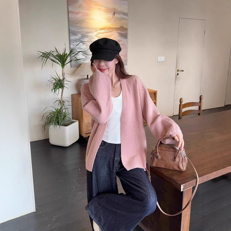 Chuzhiwen's New Autumn and Winter Style Lazy Style Bark Pattern Fashionable Versatile Loose Mid-Length Puff Sleeve Knitwear Jacket