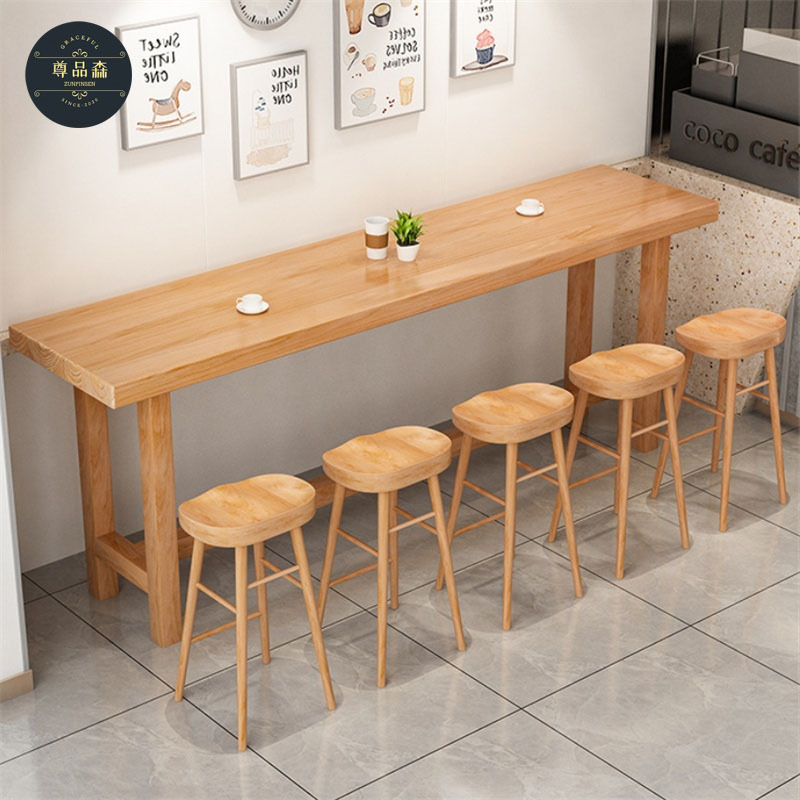 Solid Wood Bar Table and Chair Combination Simple Casual Restaurant Bar Milk Tea Shop Wall High Table Home Long Table