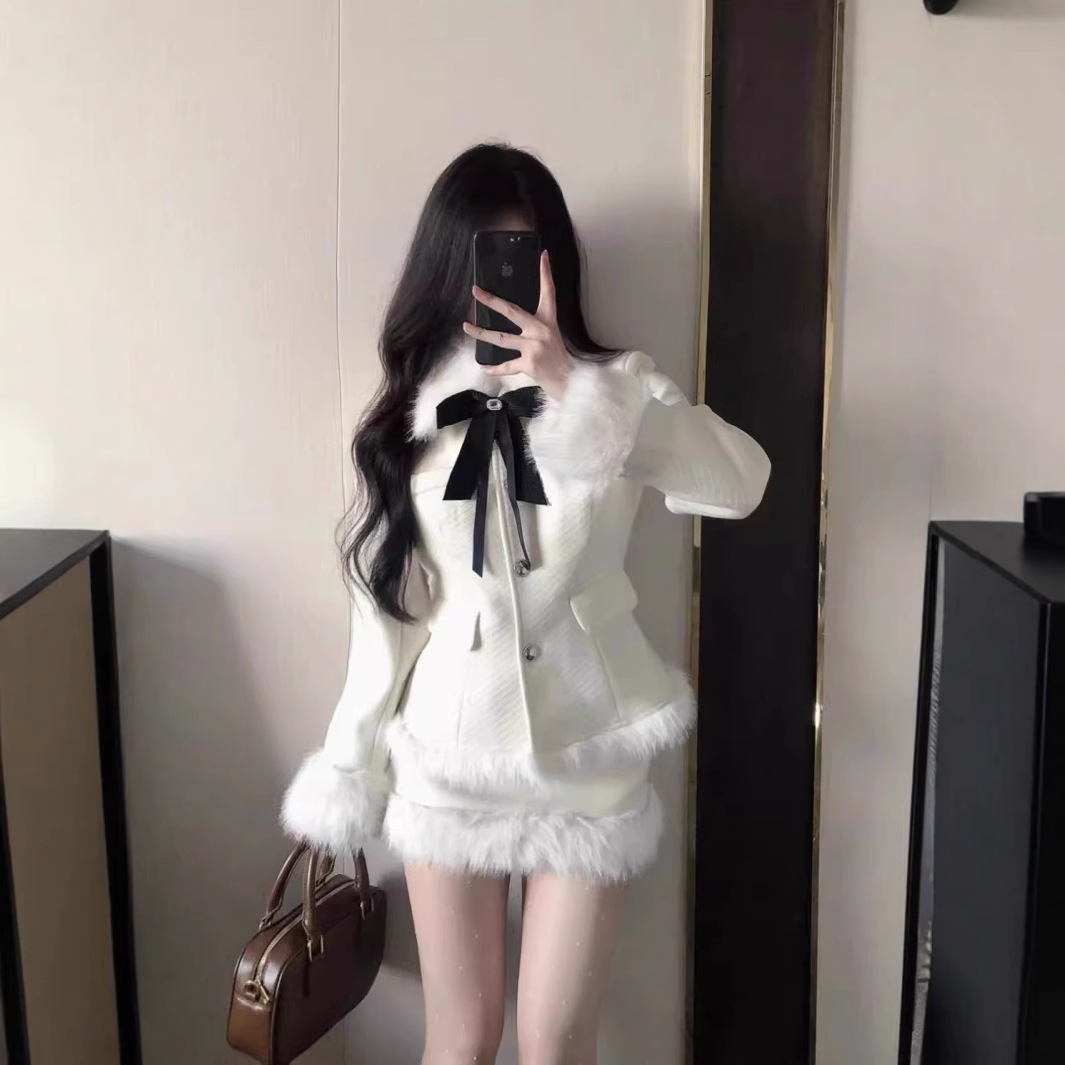 (2개) 한국 드라마 딸 빅 미스 타이트 허리 슬림 울 재킷 오버스커트 세트 여성 누빔안감 따뜻한 투피스 세트